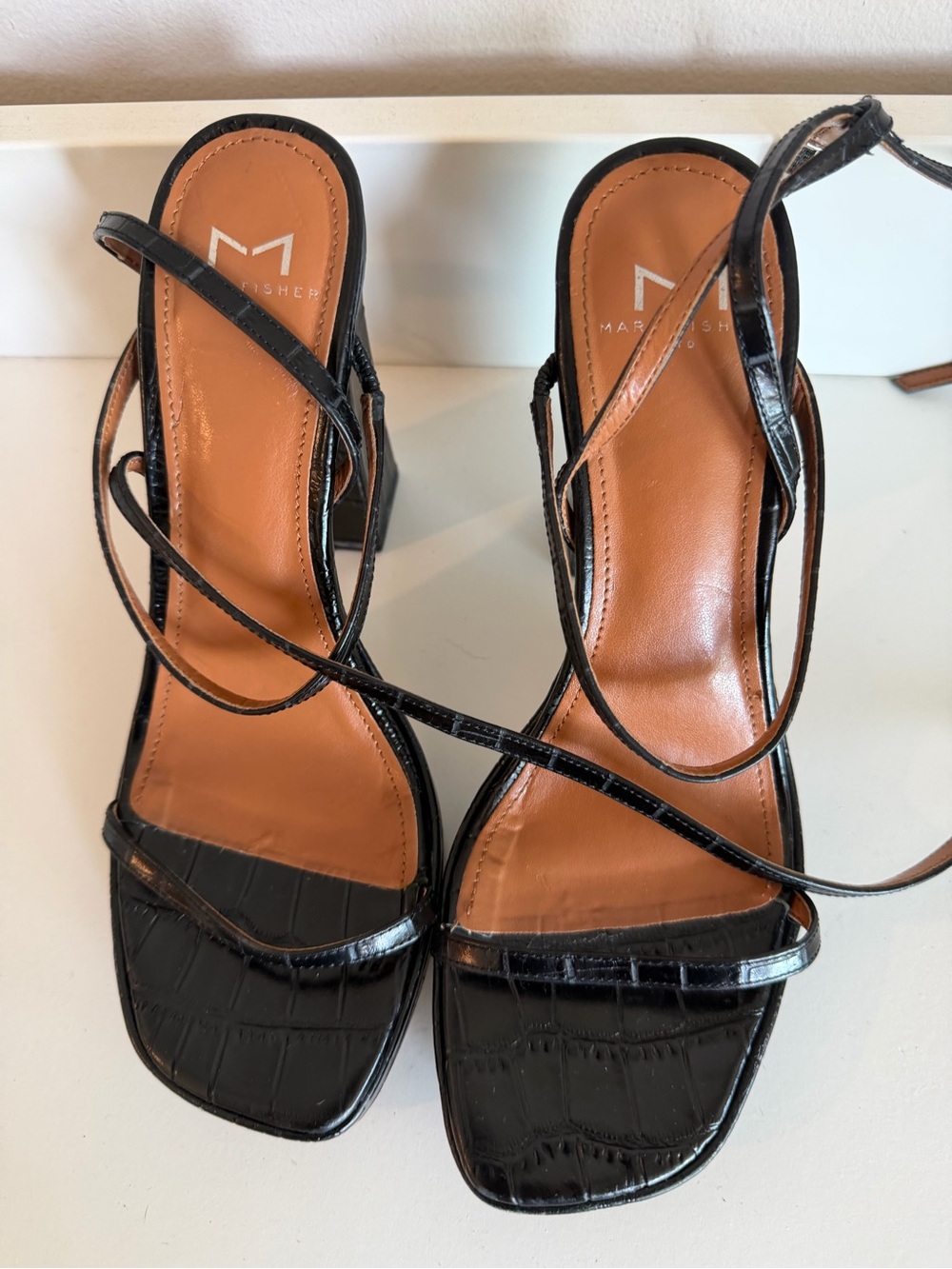 Black Strappy Square-Toe Heels Marc